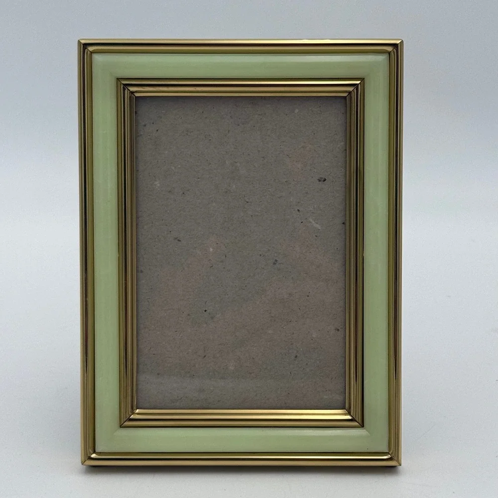 Vintage Gold Tone Sage Green Enamel Picture Frame 3.5x5 Tabletop Made in Korea